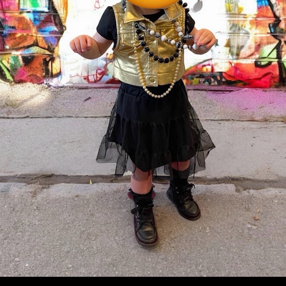 80s 90s Party Outfit Toddler Gold Vest, Black Skirt and Boot